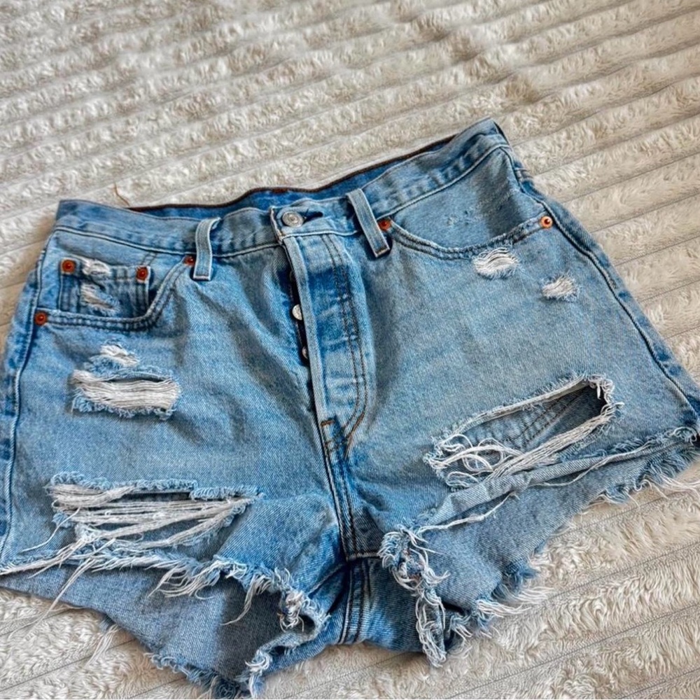 Levi's High Rise Distressed Blue Denim Shorts